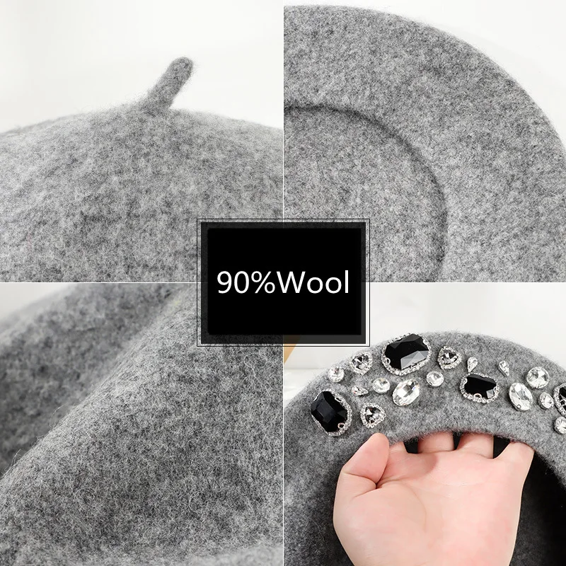 French Beret Thick Rhinestone  - Beret French Wool avaliação e preço